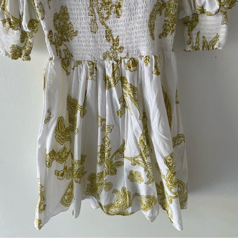 1. State White Green Paisley Print Puff Sleeve Smocked Mini Dress 37722 - Picture 5 of 9
